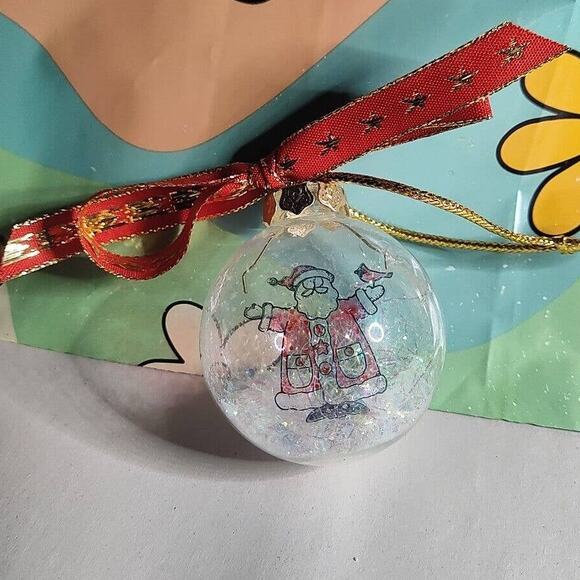 Vintage Glass Ornament Ball Country Santa With Red Cardinal Small Handmade - Picture 1 of 8